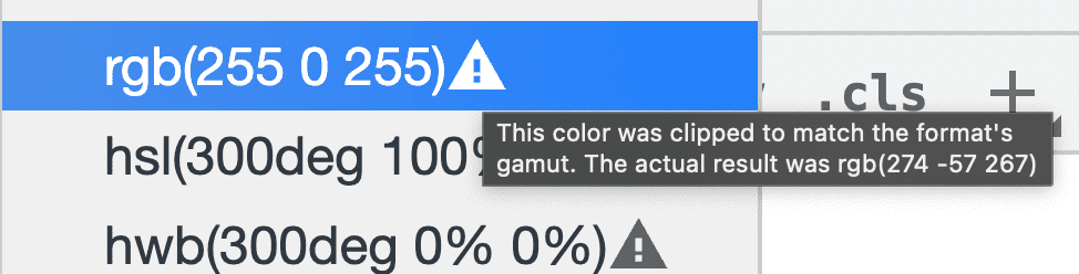 开发者工具会通知您的转换有关色域裁剪，并在颜色旁边显示一个警告图标。