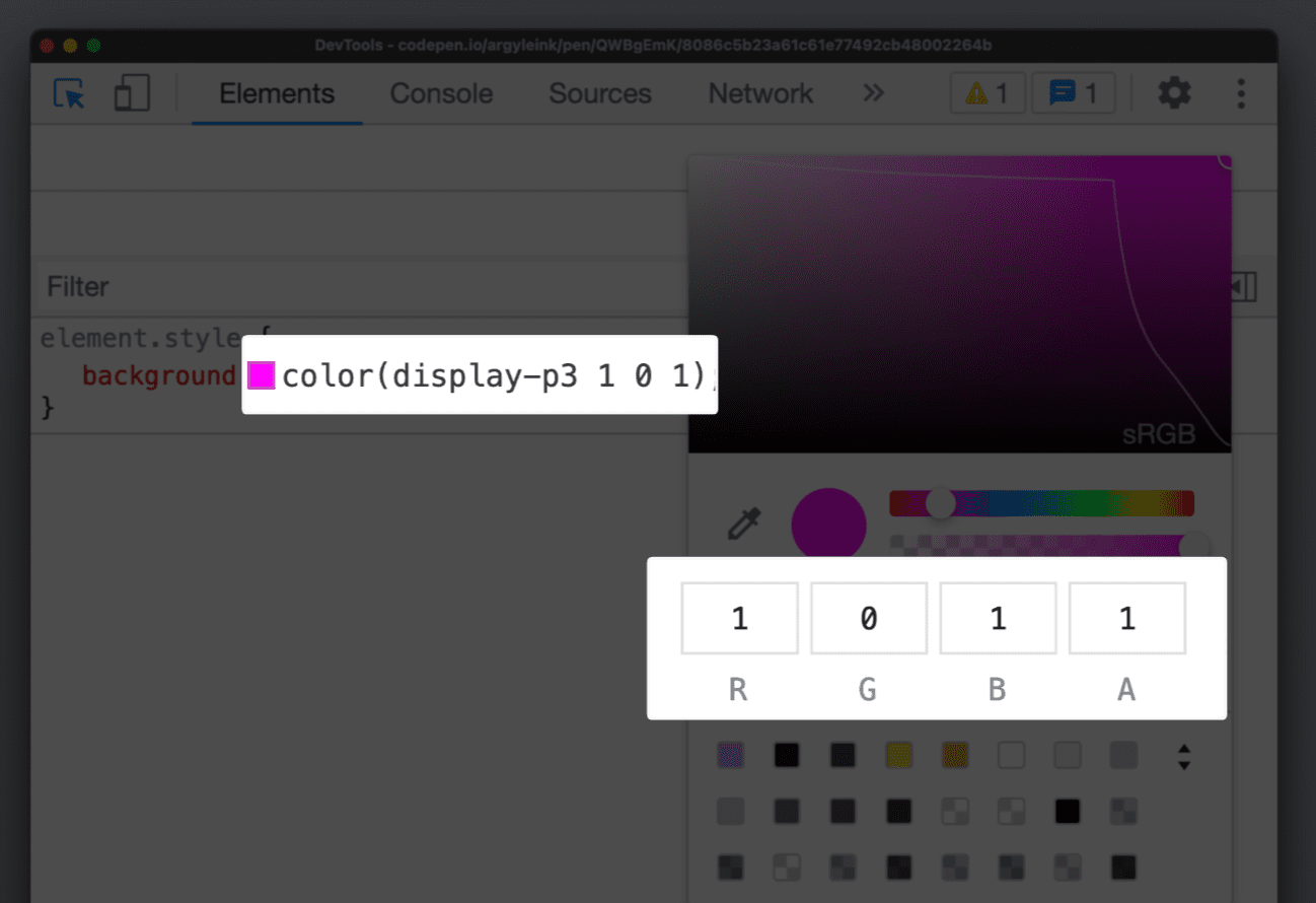显示 display-p3 颜色支持的开发者工具。