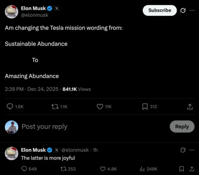 图0：马斯克从特斯拉使命宣言中移除“可持续”，完成反派角色蜕变